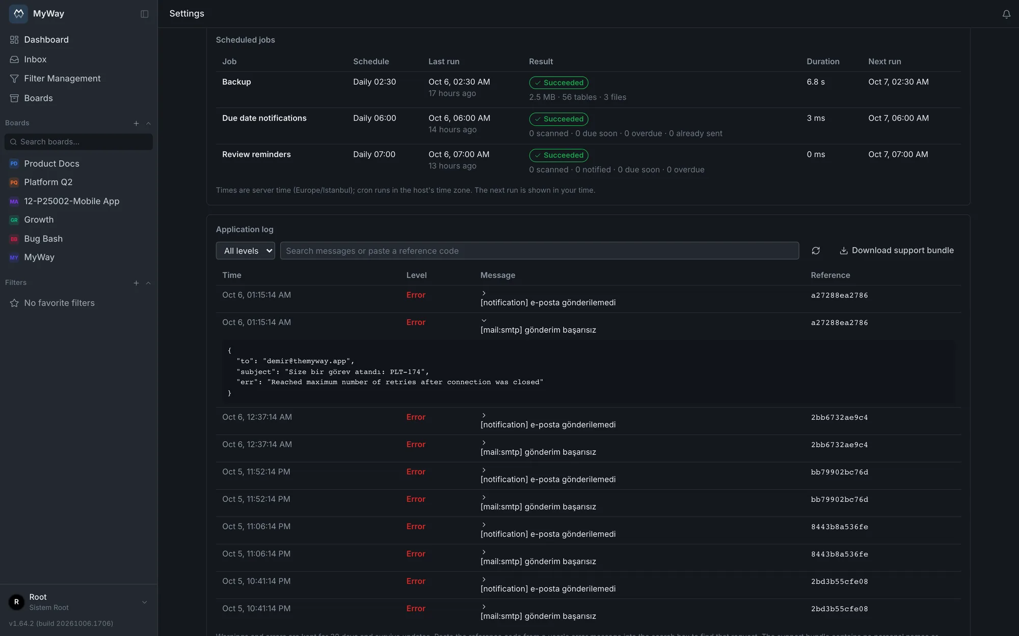 Settings > Health, application log: notification emails that failed during an SMTP outage, with reference codes