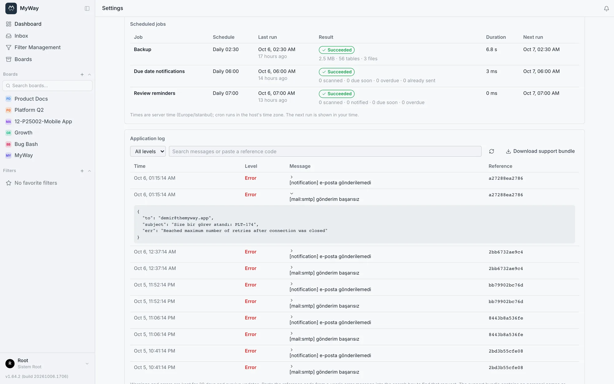 Settings > Health, application log: notification emails that failed during an SMTP outage, with reference codes