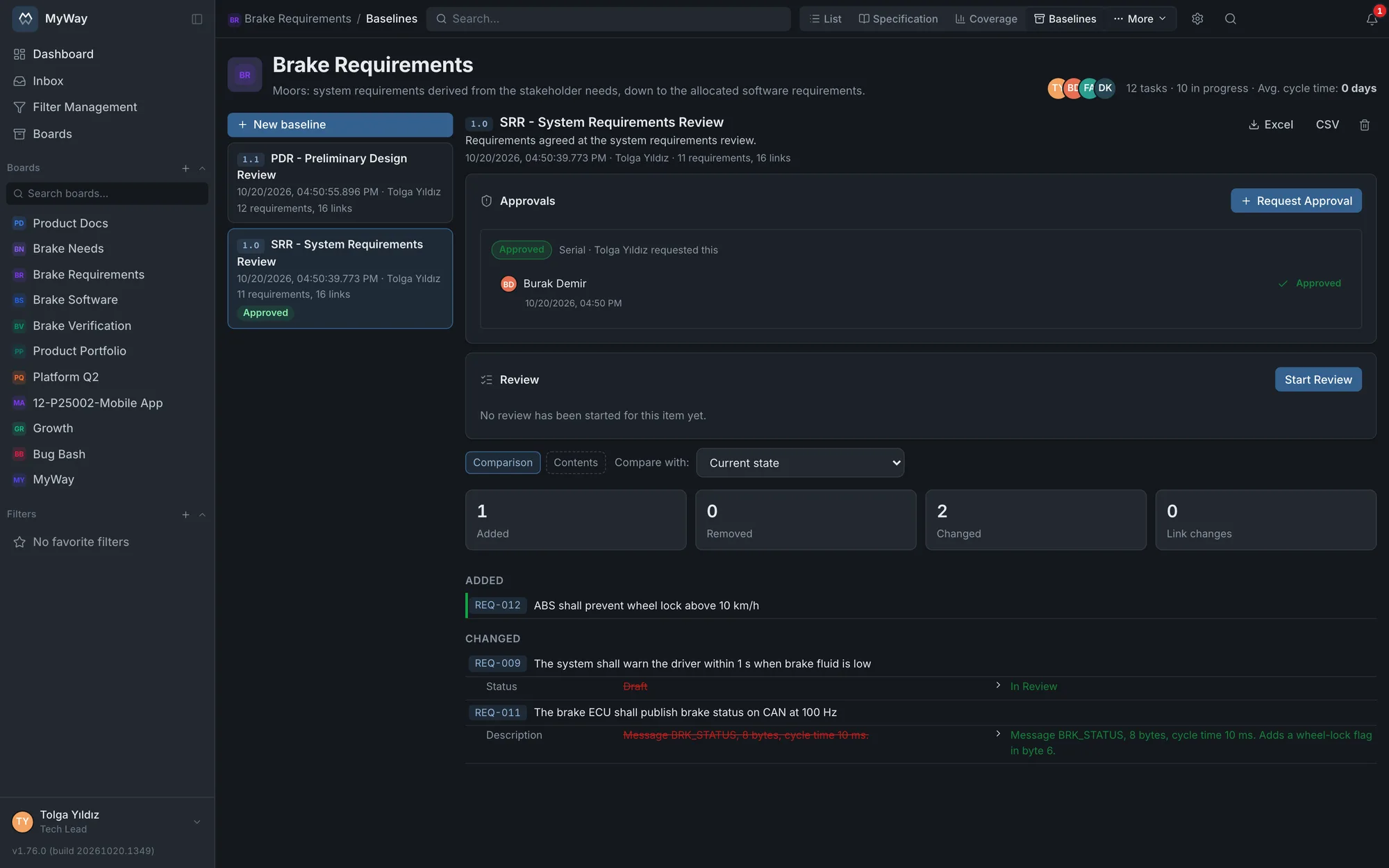 Baseline 1.0 SRR, approved by Burak Demir, compared with the current state: REQ-012 added, the status of REQ-009 and the description of REQ-011 changed