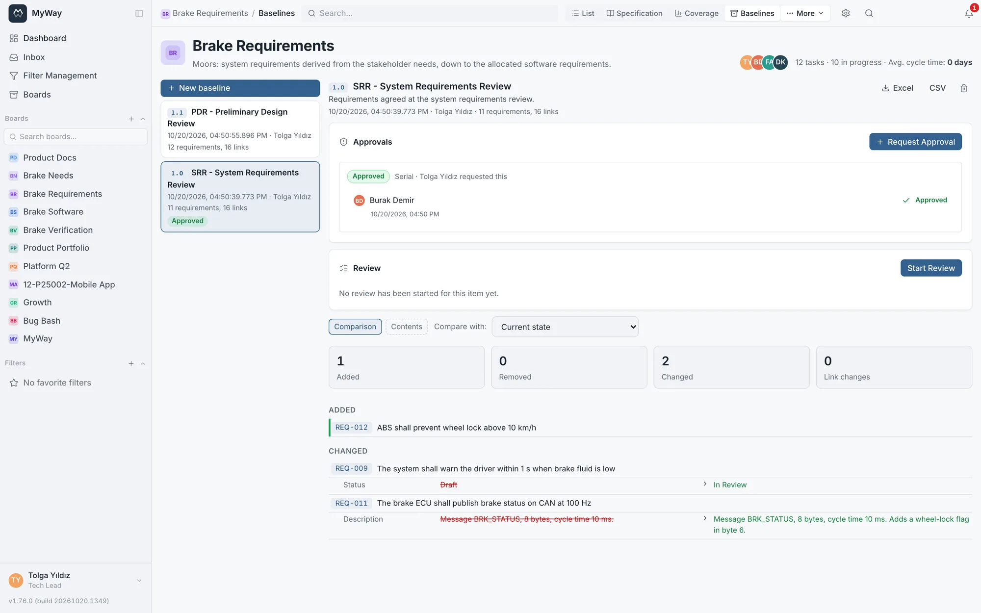 Baseline 1.0 SRR, approved by Burak Demir, compared with the current state: REQ-012 added, the status of REQ-009 and the description of REQ-011 changed