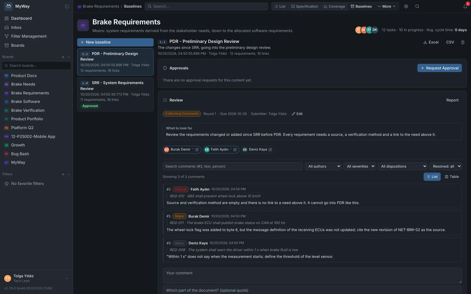 Baseline 1.1 PDR in review (collecting comments, round 1): the Critical, Major and Minor comments are each tied to one requirement; the approved 1.0 SRR in the list