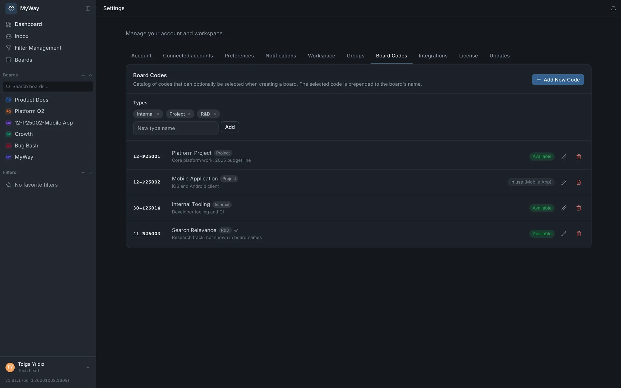The board code catalogue in workspace settings