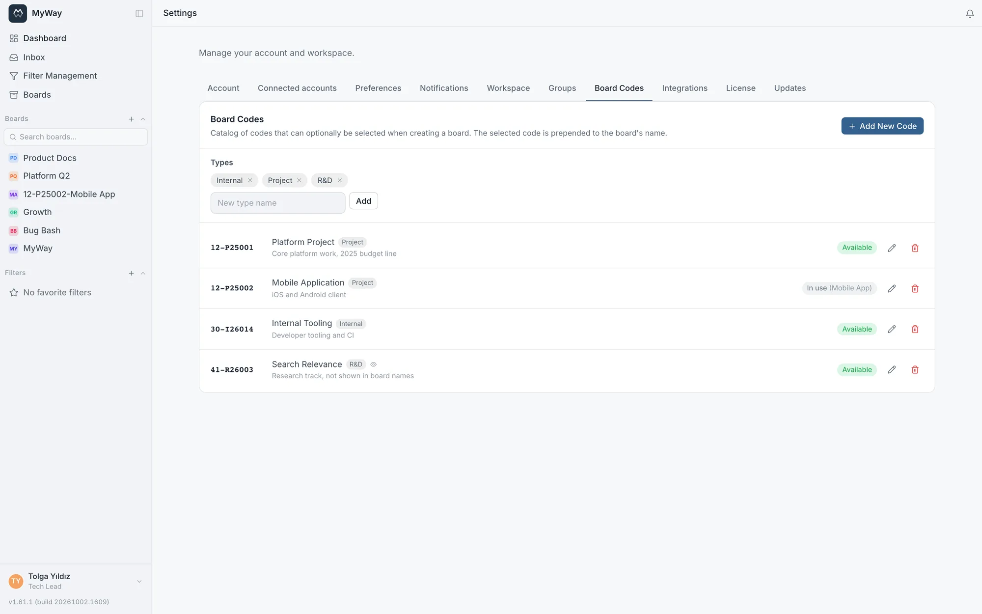 The board code catalogue in workspace settings