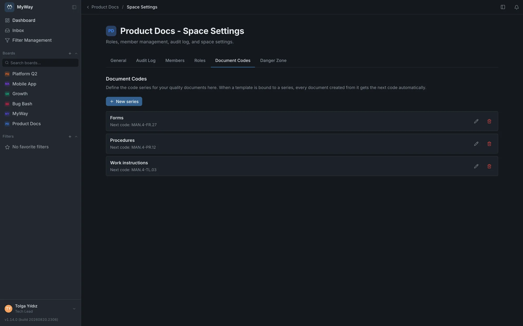 Defining a code series in board settings