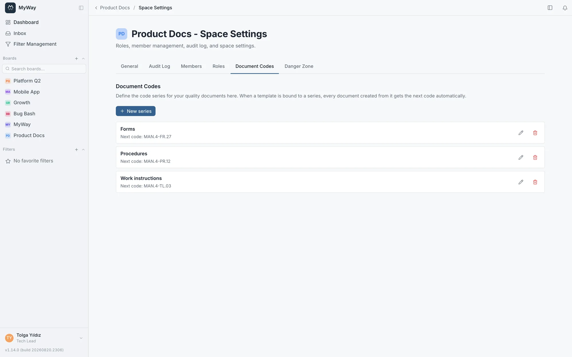 Defining a code series in board settings