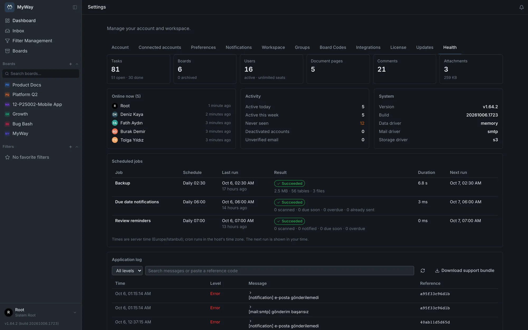 Settings > Health: totals, people online and the scheduled jobs, the nightly backup included
