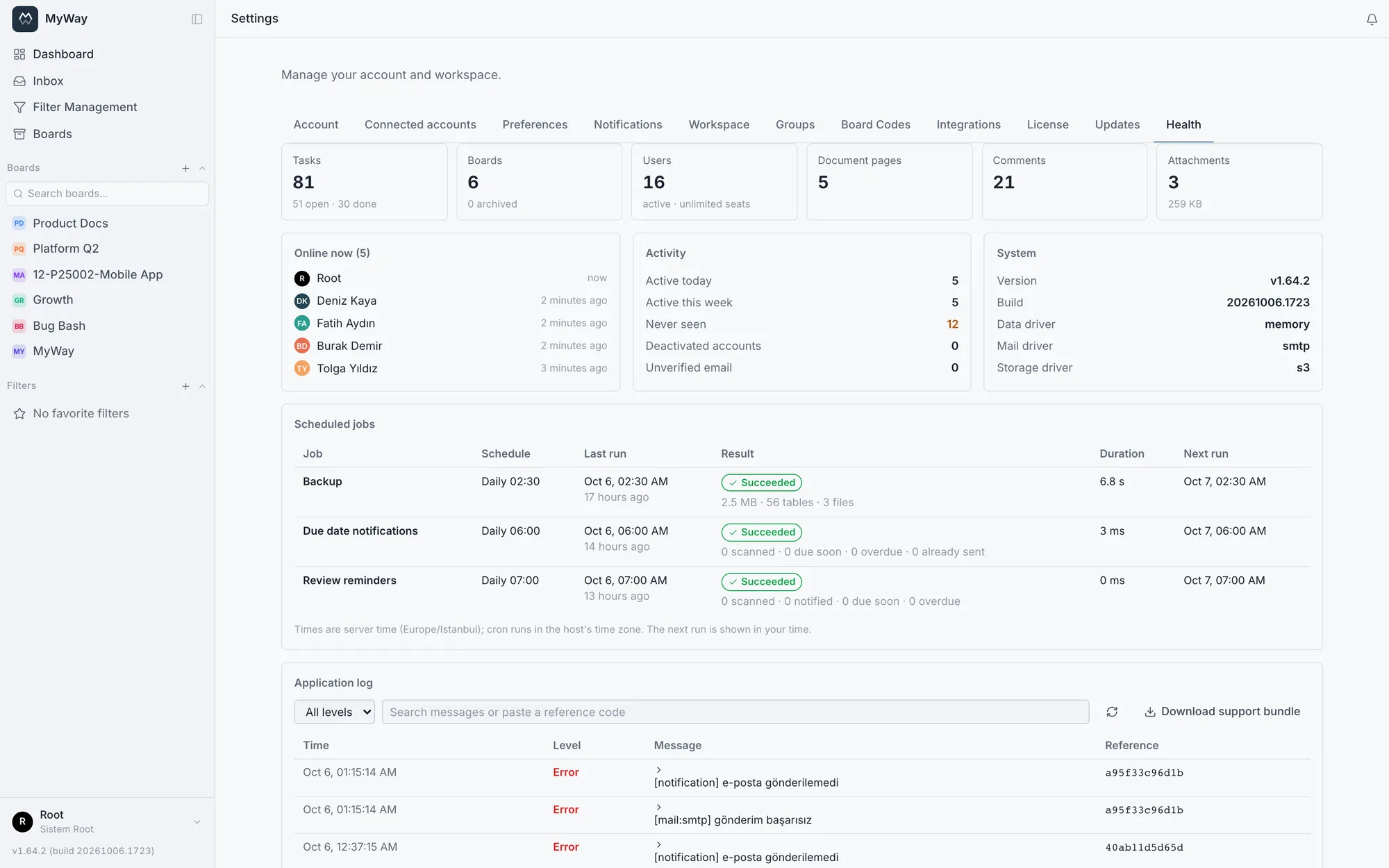Settings > Health: totals, people online and the scheduled jobs, the nightly backup included