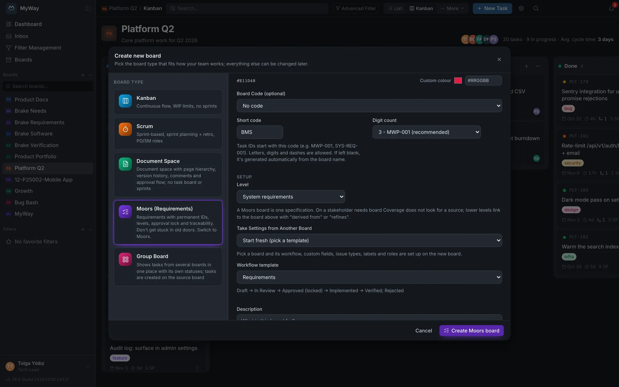 The new board dialog: the Moors card picked, the Level select under Setup and a live preview on the right