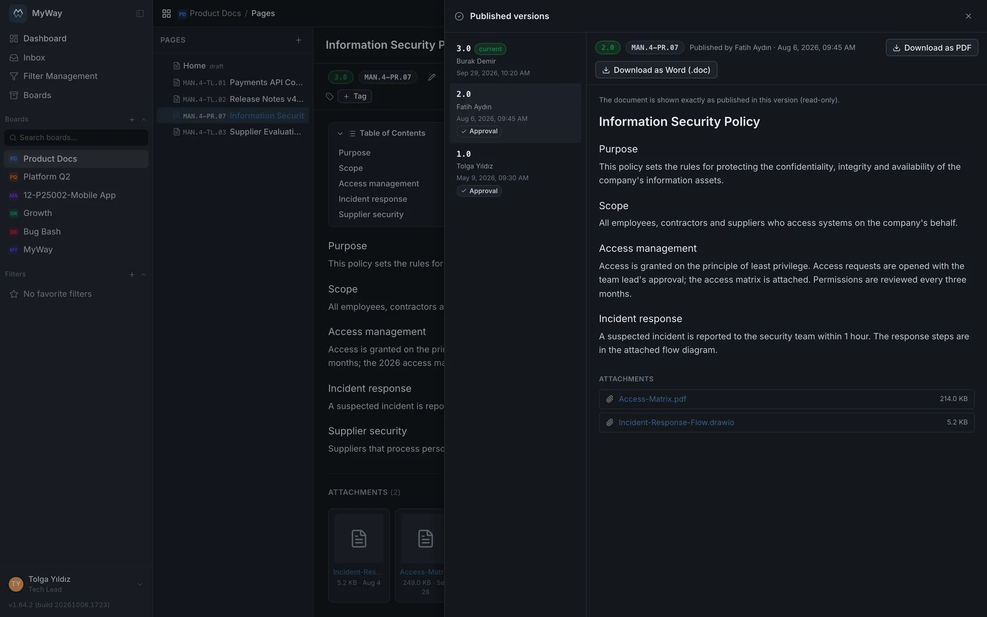 Published versions: 2.0 selected, with the content and attachments of that day, including the access matrix deleted later