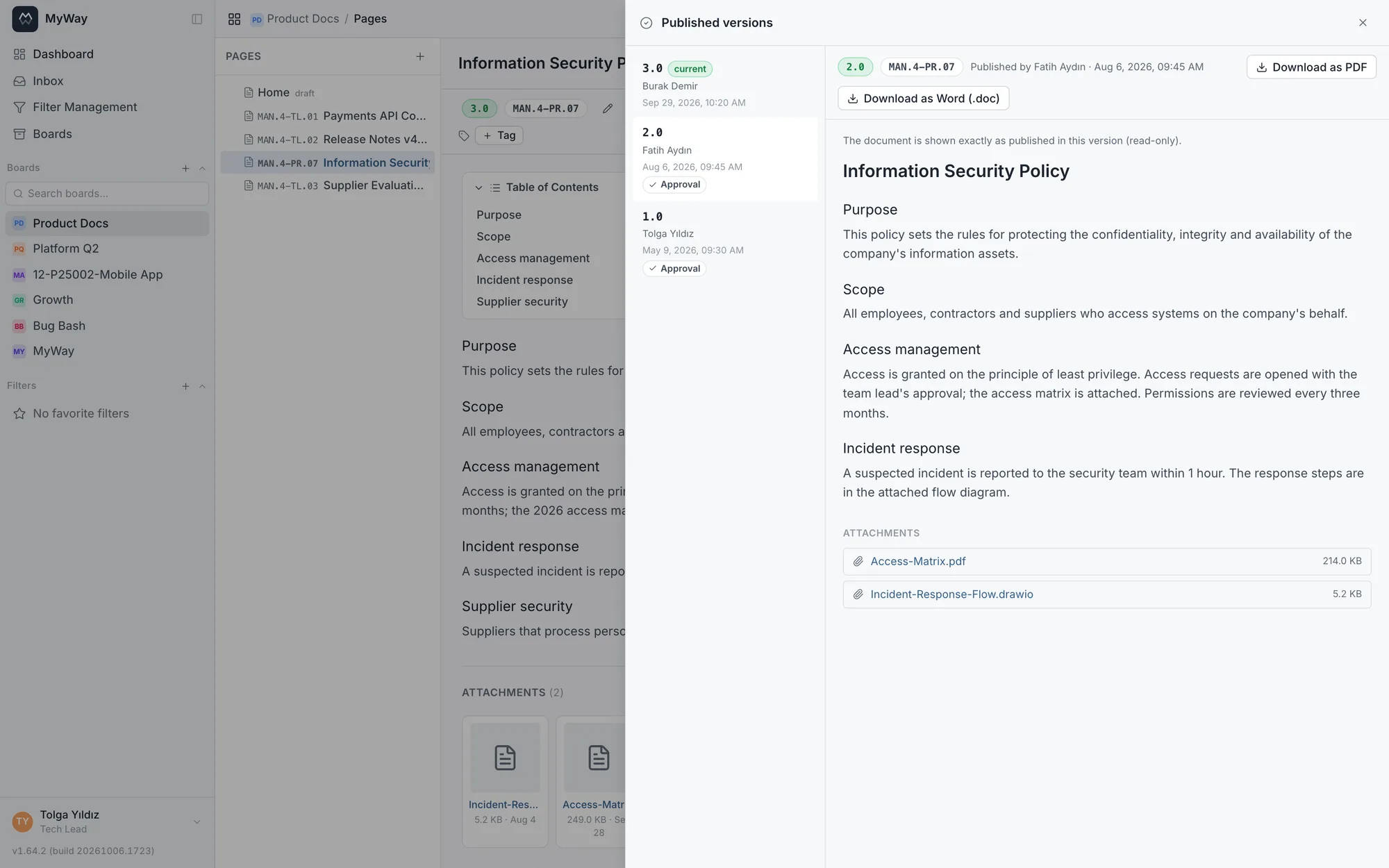 Published versions: 2.0 selected, with the content and attachments of that day, including the access matrix deleted later