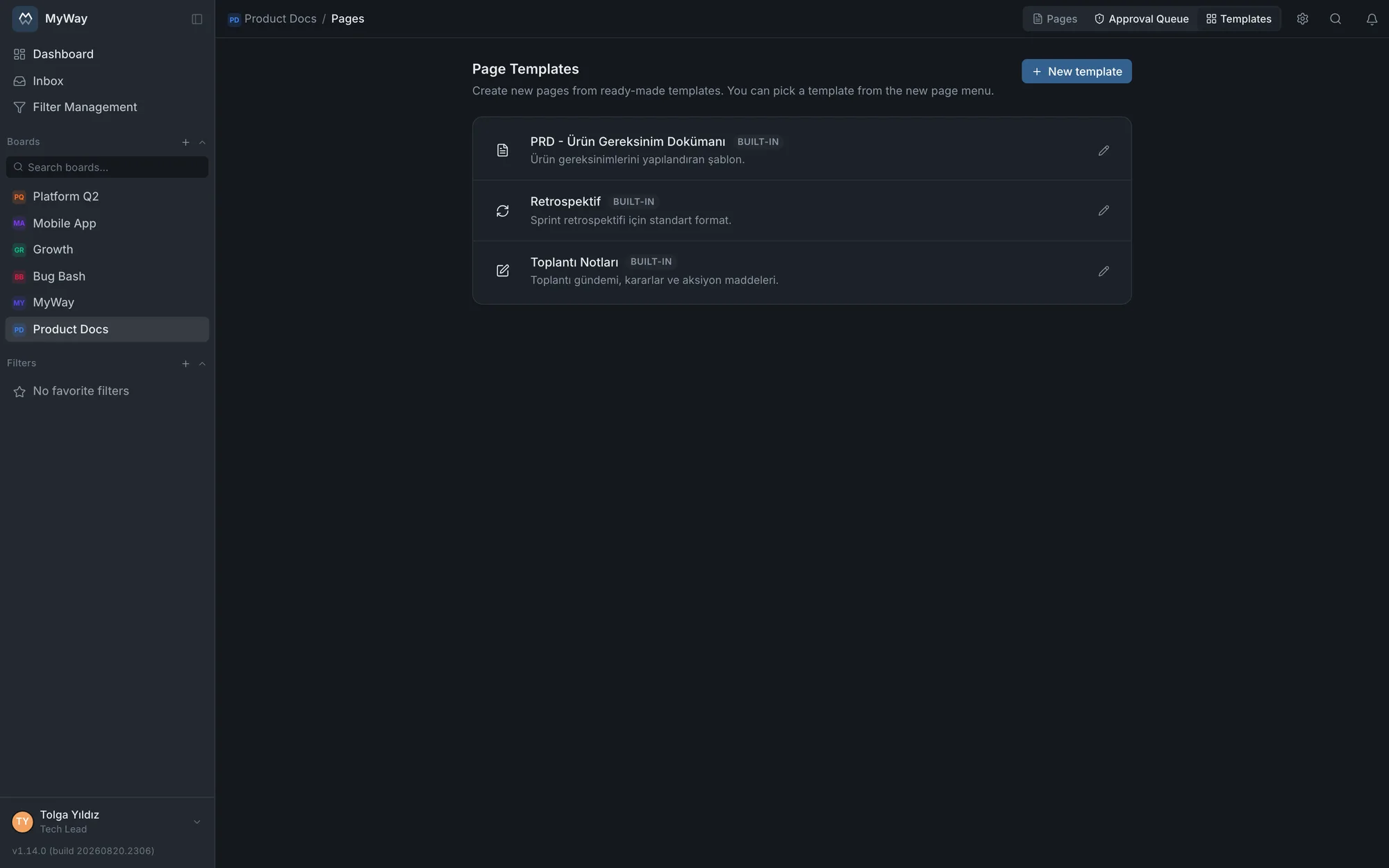 Template gallery with an inline comment