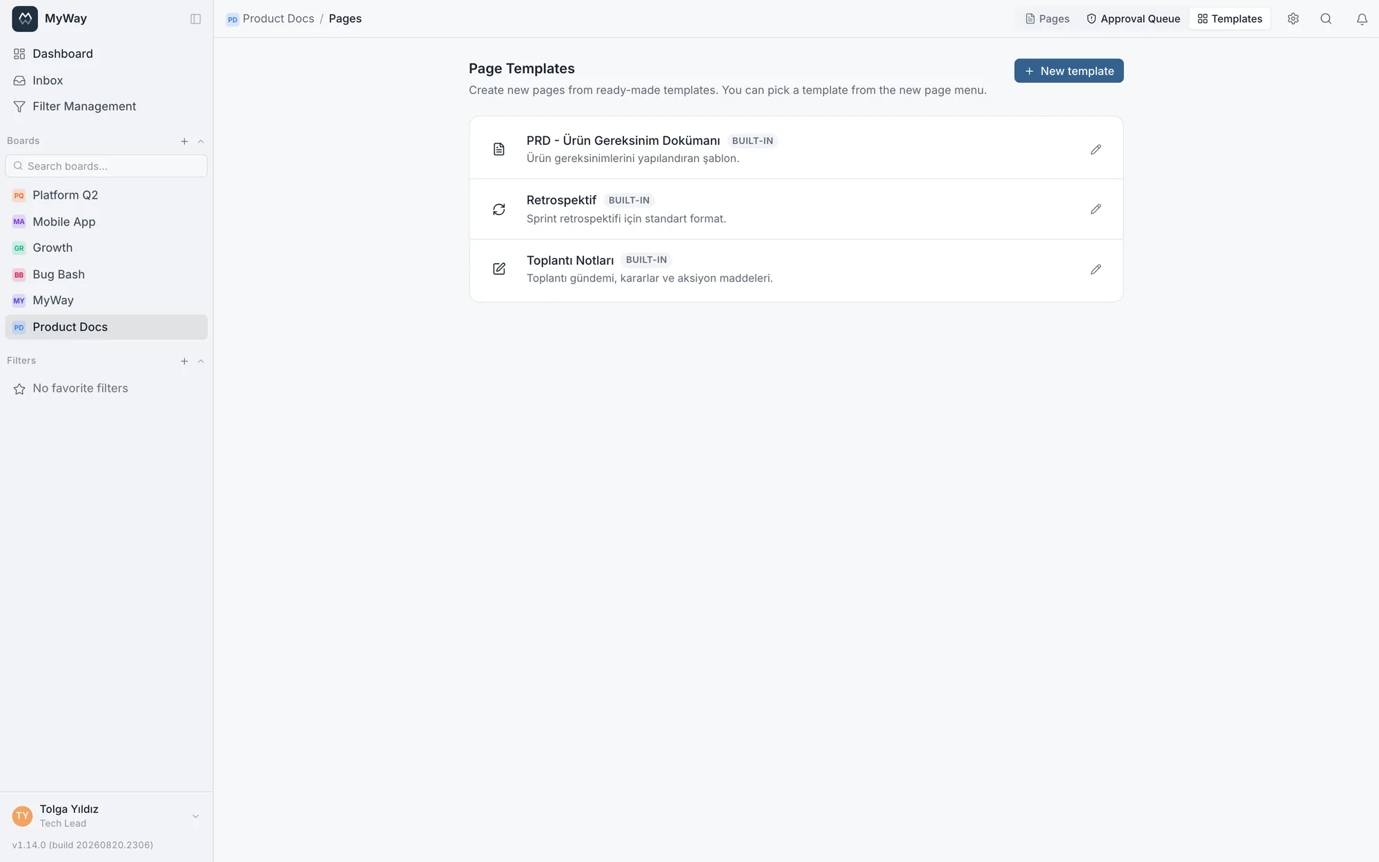 Template gallery with an inline comment