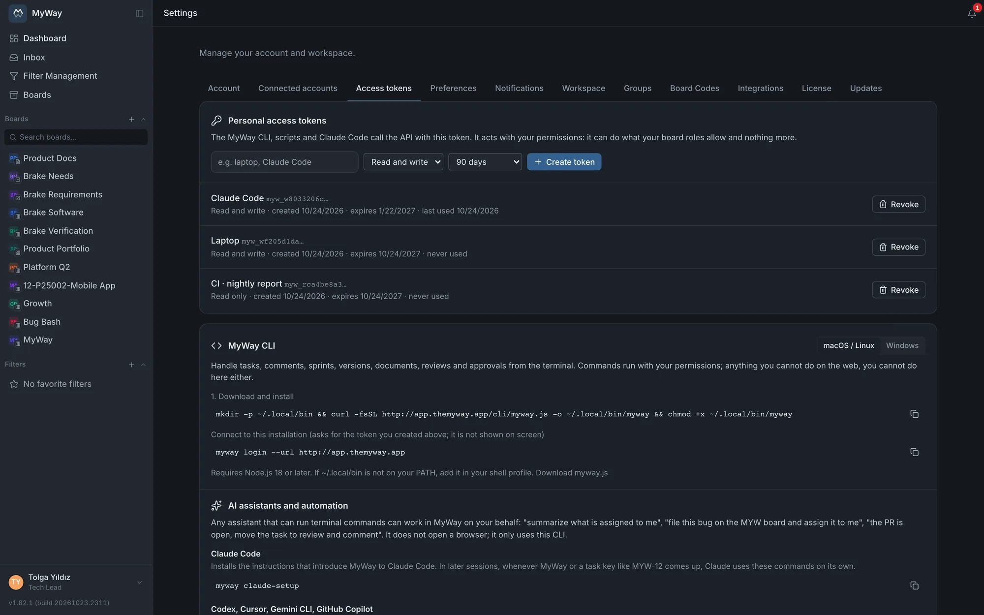 Settings > Access tokens: the token list and the CLI setup