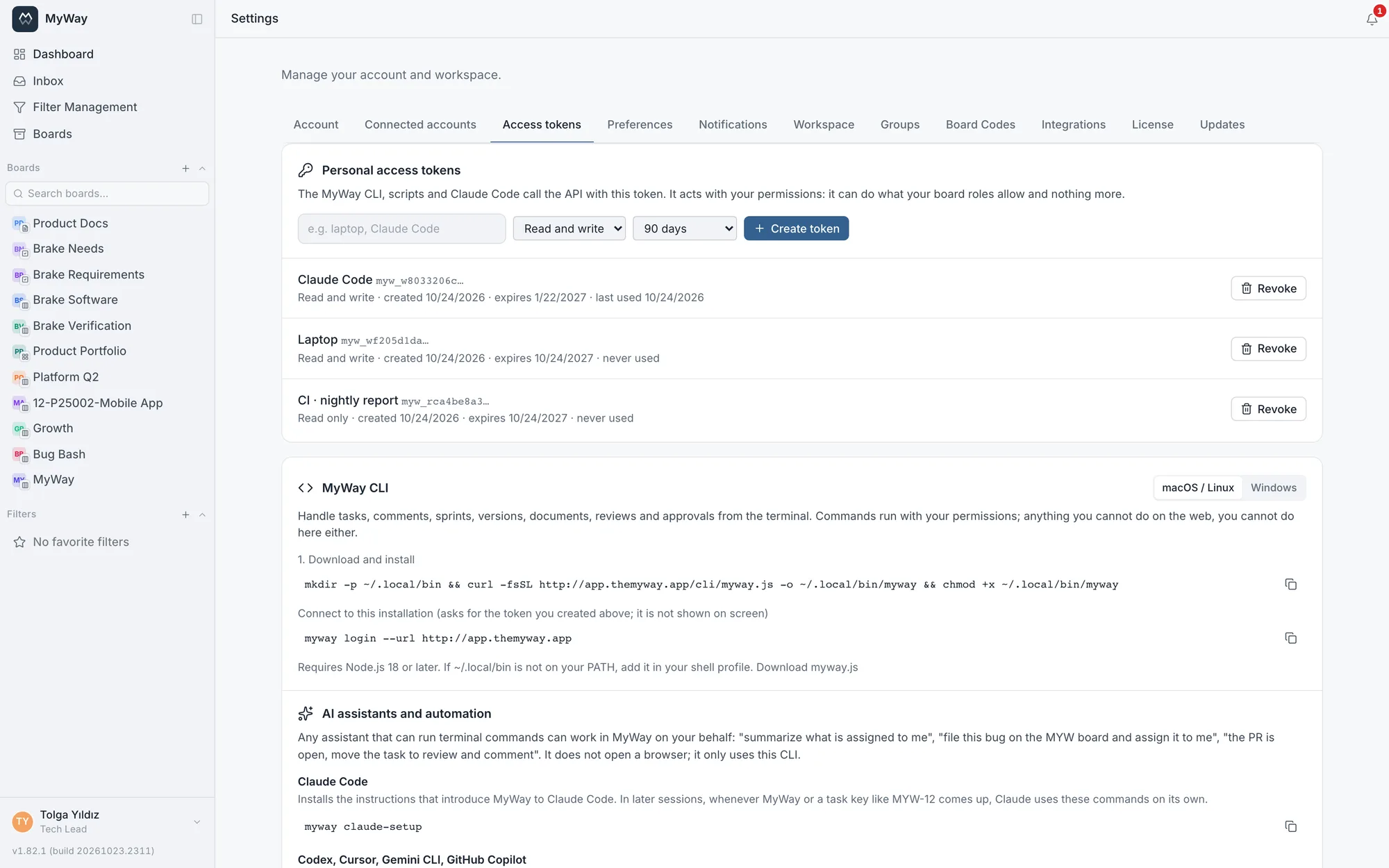Settings > Access tokens: the token list and the CLI setup